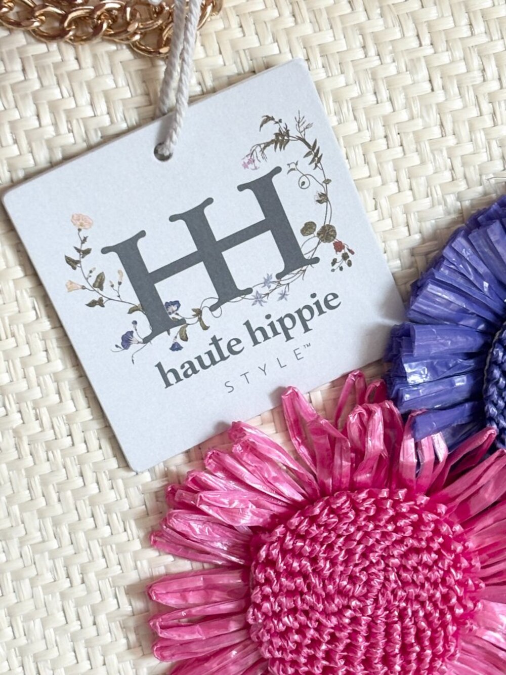 NWT HAUTE HIPPIE Woven Straw Small Hand Bag Bamboo Handle Floral Appliques - Picture 8 of 11